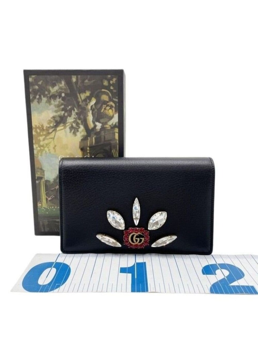 Gucci Shoulder Bag GG Marmont Black Leather Crystal Bijou Chain Wallet